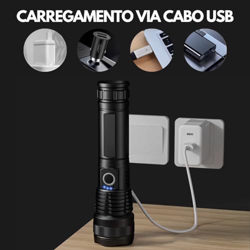 Lanterna Tática Militar Lanterna Recarregável via USB Com Longo Alcance e Foco Ajustável Resistente