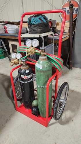 Red Steel Welding Cart Hauls Welding Tanks Torch Equipment Over Rough Terrain