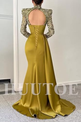Sequin Long Sleeve Prom Dress Mock Neck Satin Mermaid Ball Gowns for Women Formal Backless Evening Dresses with Slit4