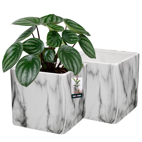 KOTARBAU® 2er Set Blumentopf quadratisch 12 x 12 cm Marmor Matt Übertopf für Zimmerpflanzen - moderner Keramik Übertopf mit Marmor-Optik