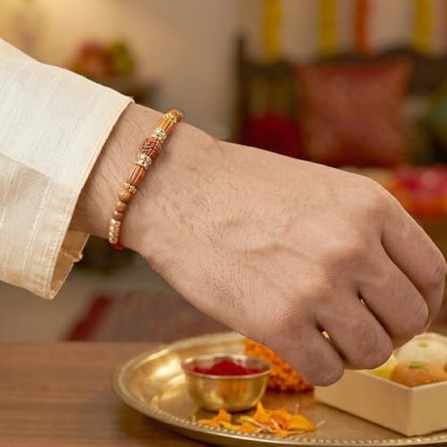 Image of Peora Rakhshabandhan Thread Rakhi for Brother Bhaiya | Kundan Beads & Crystal Studded | Combo Set of 2 | Rakhi Hamper Roli Chawal & Greeting Card