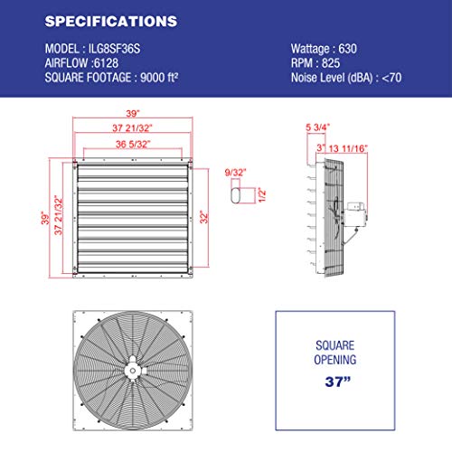 Iliving - 36" Wall Mounted Shutter Exhaust Fan - Automatic Shutter - Single Speed - Vent Fan For Home Attic, Shed, Or Garage Ventilation, 6128 Cfm, 9000 Sqf Coverage Area, Silver (Ilg8Sf36S) #TOP3