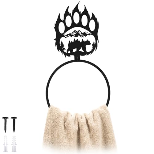 Otoolling Bear Hand Towel Holder Ring Matte Black Bear Paw Towel Holder for Bathroom Forest Cabin Hand Cloth Ring Rustic Bath Facecloth Holders Wall Mount Round Washcloth Racks for Bath Kitchen Decor