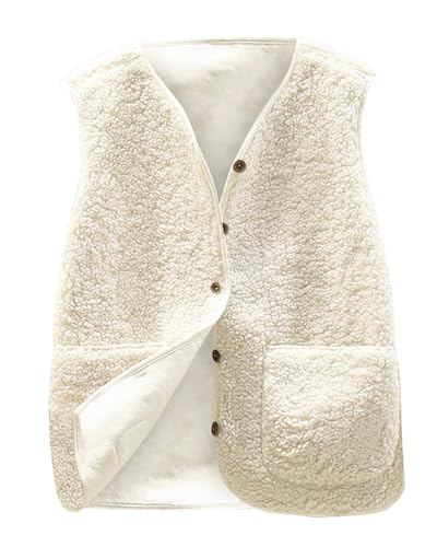 Yutdeng Gilet en Molleton Polaire Doux Sans Manches Femme Coupe Classique Grandes Filles Couleur Unie Col en V Veste avec Poches Blouson Mode Bouton Matelassée Veste Hiver Chaud Gilet,Beige,M