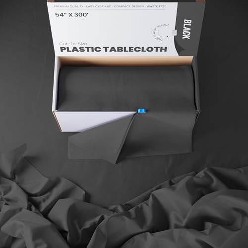 Image of 54 Inch X 300 Feet Value Pack Black Plastic Table Cover Roll in A Cut - to - Size Box with Convenient Slide Cutter. Cuts Up to 36 Rectangle 8 Feet Plastic Disposable Tablecloths