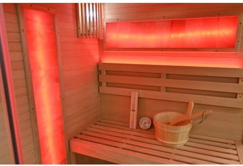 Sauna interior with red LED lighting and wooden benches