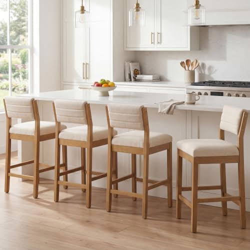 Image of RIVOVA 26 inch Bar Stools Set of 4 Counter Height Bar Stools for Kitchen Counter, Modern Upholstered Barstools with Back and Wood Legs Linen Stools Farmhouse Island Chairs, Beige