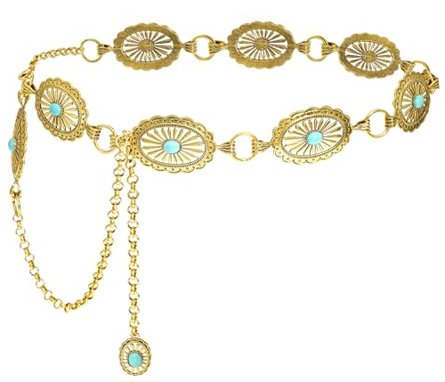 Women Western Belt Concho Chain Belts Bobo Turquoise Waist Chain Cowgirl Metal Belts