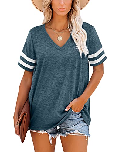 Image of Aokosor Womens Tops V Neck Striped Sleeve Summer T Shirts Casual Loose Tee Grey Blue Size 14-16