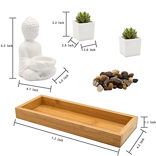 Owlgift Buddha Statue & Succulent Zen Garden & Tea Light Candle Holder Set W/Bamboo Display Tray & Stones, Buddha Décor For Home Décor, Beautiful & Peaceful, Great Meditation Gifts - White #TOP4