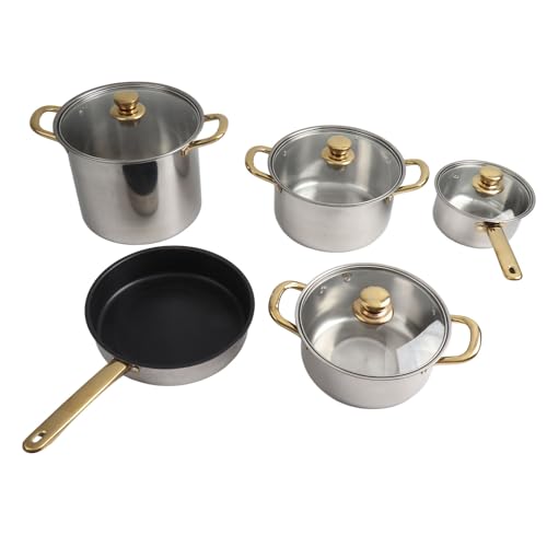 Stainless Steel Pots and Pans Set Ergonomic Golden Handle Multifunctional Cookware Set Cooking Pots with Glass Lids
