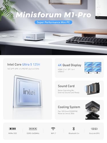 MINISFORUM AI Mini PC M1 Pro-125H with Intel Core Ultra 5 125H(14C/18T,up to 4.5Ghz), Mini Computer 32GB DDR5 PCIe4.0 SSD 512GB,Triple Display with HDMI 2.1/USB4/DP,5 X USB Ports, WiFi 7,BT5.4