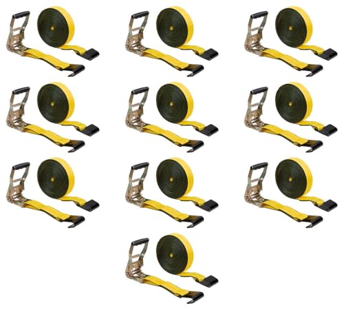 Mytee Products 10 Pack Ratchet Tie-Downs with Flat Hooks, 2" x 50' Yellow Ratchet Straps | 10,000 Lbs Breaking Strength | Tie Down Ratchet Straps for Flatbed, Truck, Trailers Pickup