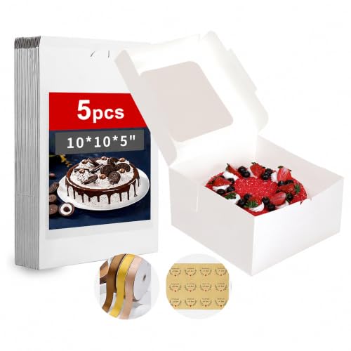 Zzrywuty 5 Pcs Cake Boxes With Window, 10x10x5 Inches White Bakery Boxes