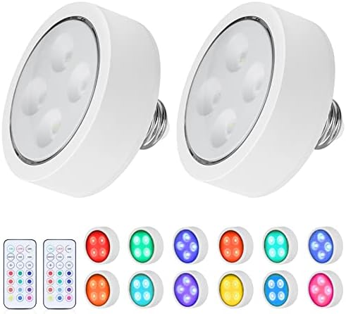ANTOTEN 2 Pack Battery Operated Light Bulb with Remote, E26 Screw in Puck Lights, 13 Colors Changeable LED Battery Powered Light Bulb for Wall Sconces No Electricity Fixtures