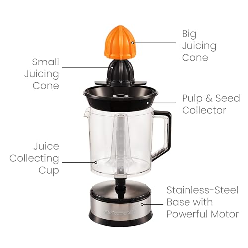 Elite Gourmet ETS740 BPA-Free 40-Watt Electric Citrus Juicer with 2 Cones, Compact, Large Volume, Pulp Control, Oranges, Lemons, Limes, Grapefruits with Easy Pour Spout, 1.2L, Black/Stainless Steel by Elite Gourmet - Image 6