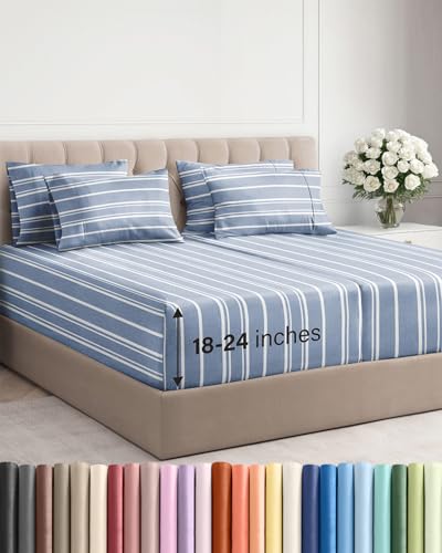 Image of Extra Deep Split King Sheet Set - 7 Piece Cooling Bed Sheets - Blue Stripes | Hotel Luxury Bed Sheets Set, Easy & Secure Fit, Ultra-Soft, Wrinkle & Fade Free, Comfy Sheets Set with Extra Deep Pockets