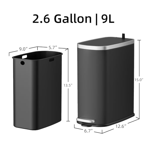 Image of KUK Slim Bathroom Trash Can with Lid Soft Close, Step Pedal, 2.6 Gal / 10L Stainless Steel Garbage Can with Removable Inner Bucket, Anti-Fingerprint Wastebasket for Office, Bedroom, Toilet (Black)
