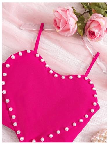 OYOANGLE Girl's Cute Pearl Beaded Spaghetti Strap Cami Top Asymmetrical Hem Slim Fit Crop Tops3