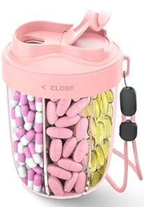 Pill Organizer,Pill Dispenser with 7 Large Compartments,Portable Pill Bottle Box with Wide Opening for Easy Use,Tablet Organiser Anti-Mix Pills Organizer for Travel,Includes 20 Pcs Sticky Labels-Pink