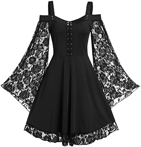 Gothic Vintage Lace Patchwork Women Dress Plus Size Goth Bandage Ladies Spaghetti Strap Dresses(Black,XXL)