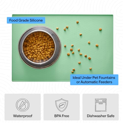 Image of GORILLA GRIP 100% Waterproof Raised Edge BPA Free Silicone Pet Feeding Mat, Dog Cat Food Mats Contain Spills Protects Floors, Placemats for Cats and Dogs Water Bowl, Pets Accessories 32x24 Mint