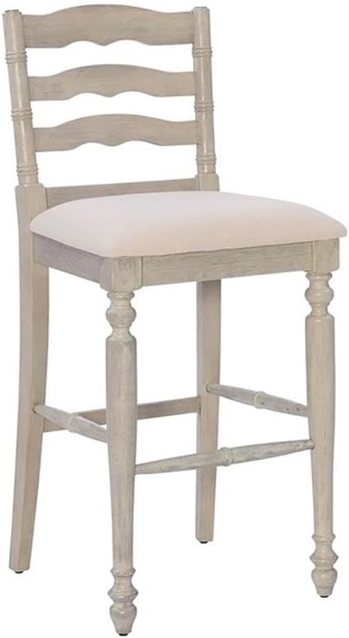 Pemberly Row 30" Retro Wood and Fabric Bar Stool, Antique White Finish, Solid Rubberwood Frame, Padded Linen Upholstery, Ladder Back, Turned Legs, Foot Rails, Traditional Style for Bar or Pub Tables