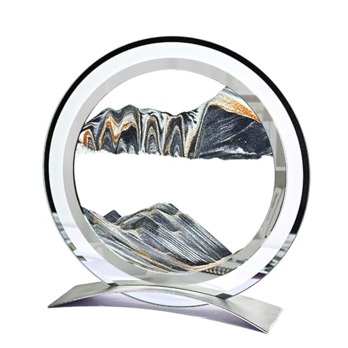 BGFJYUK Moving Sand Art Picture in Motion, Round Glass 3D Deep Sea Sandscapes with Display Flowing Sand Frame for Relaxing Desktop Home Office Work Décor for Kids Adults (Black)