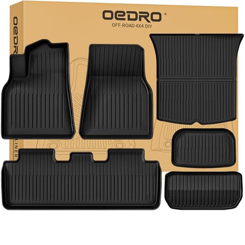 OEDRO Floor Mats Fits for Tesla Model Y 5-Seater 2025 2024-2020 Custom Fit All Weather TPE Automotive Interior Cargo Liners Trunk Mats Accessories for Model Y (NOT for Model Y Juniper) 6 Pcs Mats Set