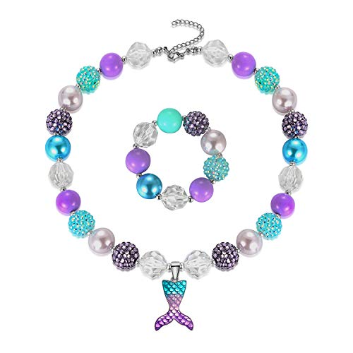 Pendant Necklace Bubblegum Toddler Sparkly Bead Necklace & Bracelet Jewelry Set for Kids First Birthday Gifts