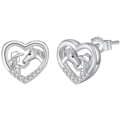 Yinsen Pendientes Niña y Caballo Plata de ley 925 Pendientes Corazón con Circonita Cúbica Originales Joyas Regalos para Mujeres Amantes de Los Caballos Hermanas Amigo