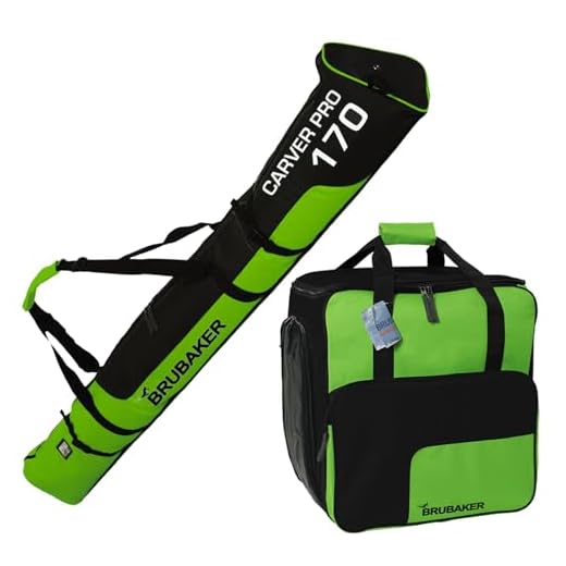 BRUBAKER Combo Ski Boot Bag and Ski Bag for 1 Pair of Ski, Poles, Boots, Helmet, Gear and Apparel - Available in 66 7/8" (170 cm) or 74 3/4" (190 cm) - Green/Black (170)