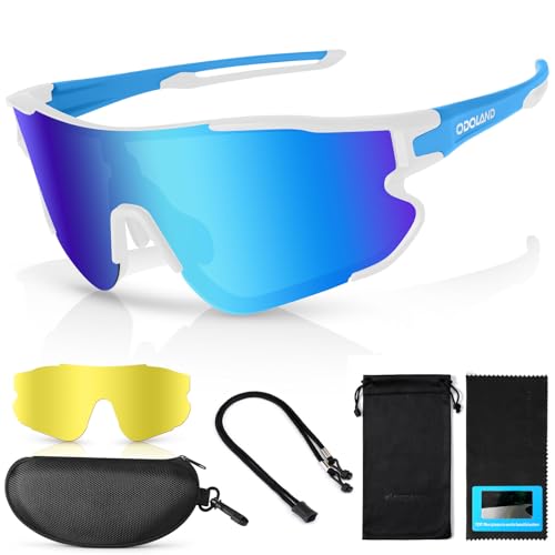Odoland Polarized Cycling Glasses, Sports Sunglasses UV 400 with Replaceable Night Vision Lenses for Bike, Fishing, Running, Men, Women and Youth Blue