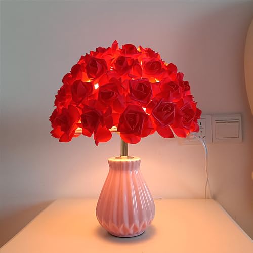 XINYASEE Lampe de chevet fleur rose, lampe de table E27 lampe de bureau de chambre lampe décorative, adaptée à la chambre, au salon, à la décoration de fête (Rouge)