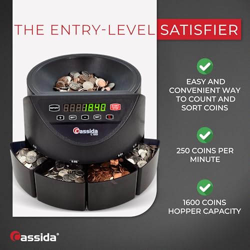 Cassida C100 Electronic Coin Sorter/Counter, Countable coins 1¢, 5¢, 10¢, 25¢, 250 coins/min, 110 VAC by Cassida - Image 2