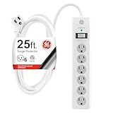 GE 6-Outlet Surge Protector, 25 Ft Extension Cord, Power Strip, 800 Joules, Flat Plug, Twist-to-Close Safety Covers, Protected Indicator Light, ETL Listed, White, 61291