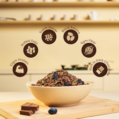 Image of PINTOLA 26g High Protein Oats 1kg, Dark Chocolate, No Refined Sugar, with Almonds, Raisins, Pumpkin & Chia Seeds, 9.6g Fibre, Rolled Oats for Weight Loss, Breakfast Cereals | Gluten Free (Pack of 3)