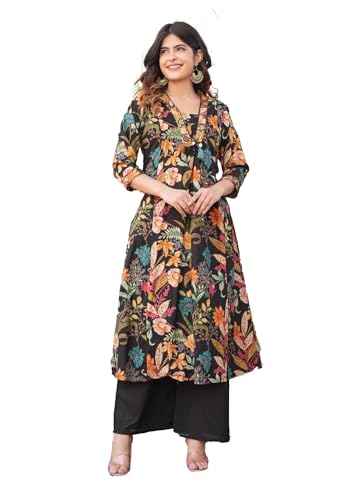 Ladyline Womens Cotton Anarkali Salwar Kameez Set | Floral Printed Flared Kurta with Embroidery & Lace Work | Pants & Printed Lawn Dupatta | Ethnic Wear (CPESK ADNZ) (52/ Black)