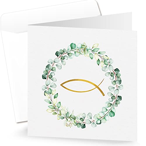 Logbuch-Verlag 10 Kommunion Taufe Fisch Einladungskarten Dankeskarten neutrale Karten weiß gold grün mit Kuvert 15 x 15 cm Logbuch-Verlag 10 Kommunion Taufe Fisch Einladungskarten Dankeskarten neutrale Karten weiß gold grün mit Kuvert 15 x 15 cm