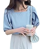 [Amulet] スクエアネックブラウス 春 夏服 秋 韓国ファッション 10代 20代 30代 レディース オフィスカジュアル 半袖 トップス 五分袖 5分袖 清楚vl-6300-bl-m