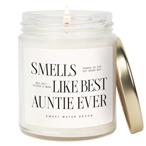 Sweet Water Decor Smells Like Best Auntie Ever Candle 9oz Non-Toxic Soy Wax Glass Jar with Gold Lid Sea Salt Citrus Scent Gift for New Aunt Pregnancy Reveal Baby Shower Birthday & Mothers Day