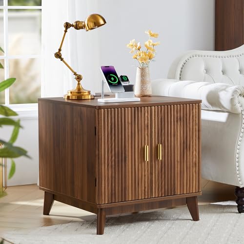 Fluted End Table with Charging Station, 2 Door Side Table
