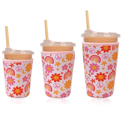 Image of Reusable Insulated Neoprene Iced Coffee Cup Sleeve, Durable Drink Sleeve for Cold Beverages, Beverage Holder for Iced Coffee, Groovy Flower