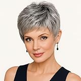 FHATSJ Elegant Silver Gray Short Wig, Suitable for Mature Women's Exquisite Short Hair style, Heat-resistant Natural Wig