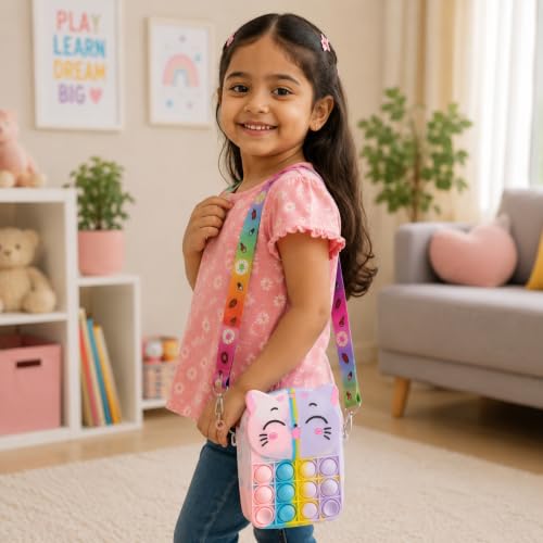 Image of Cat Pop It Silicone Crossbody Bag for Girls, Rainbow | Rakhi Gift | Birthday Gift