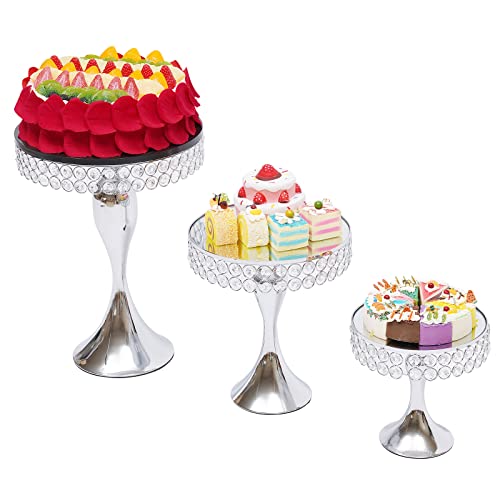3Pcs Crystal Silver Cake Stands Set, Metal Cupcake Holder Round Dessert Display Plate Serving Platter, Baby Shower Wedding Brithday Party Celebration Home Decoration 8 Inch / 10 Inch / 12 Inch #TOP6