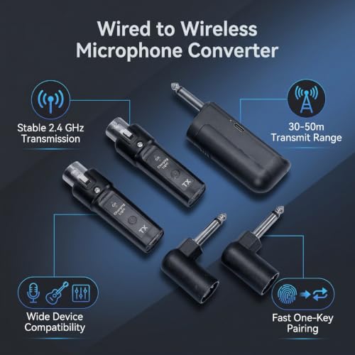 Convertidor inalámbrico Zunate 2.4G de micrófono con cable a inalámbrico, sistema transmisor y receptor para micrófonos dinámicos y de condensador, mezclador de sonido, plug and play, rango de 30-50 m miniatura 6