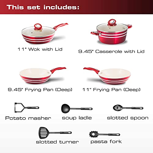 Chefs Star 11 Piece Professional Grade Aluminum Non-Stick Pots & Pans Set - Red/Cream 2 Gallery Image
