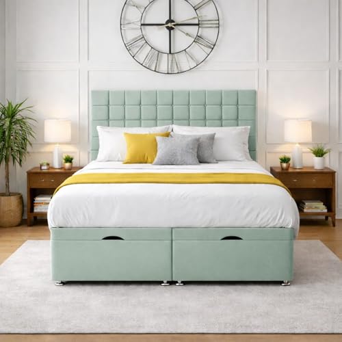 HB-1 Super King Ottoman Bed - Divan Ottoman Bed Set with Mattress - Soft Plush Velvet Storage Bed, Headboard & Memory Foam Mattress, Solid Base with End Gas Lift Bed (Duck Egg Plush, 6FT Super King)