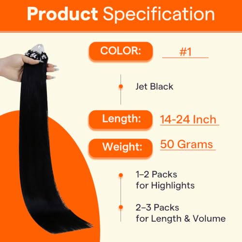 Image of Full Shine Micro Link Human Hair Extensions, 24 Inch 50g 50s Jet Black